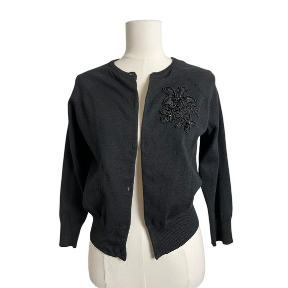 Speechless Sweaters - Cardigan Sweater Black Beaded Floral Cropped Knit Top Missing Buttons